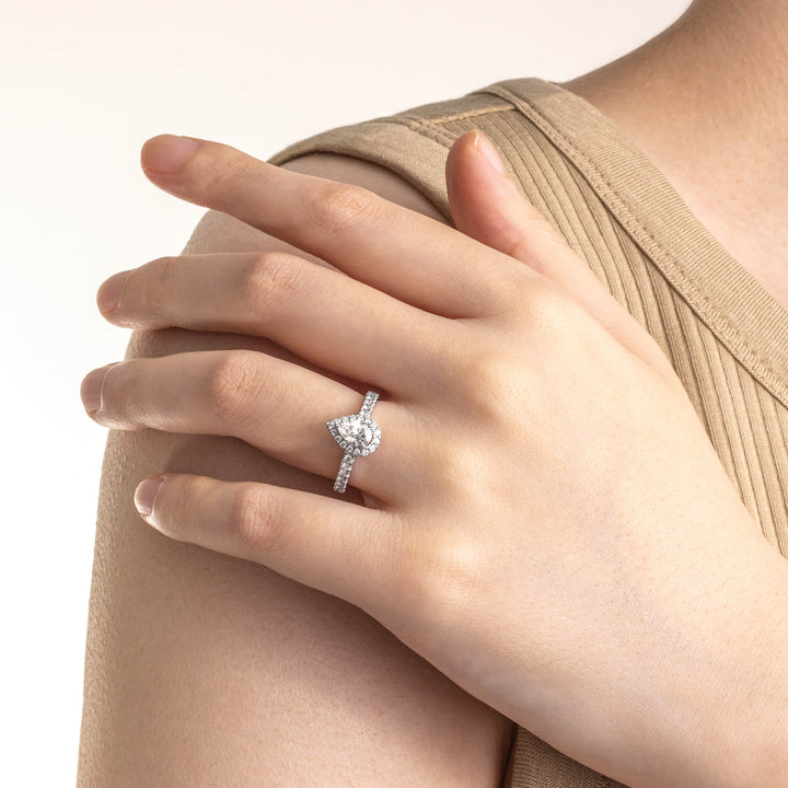 1.0CT Pear Cut Diamond Halo Moissanite Engagement Ring