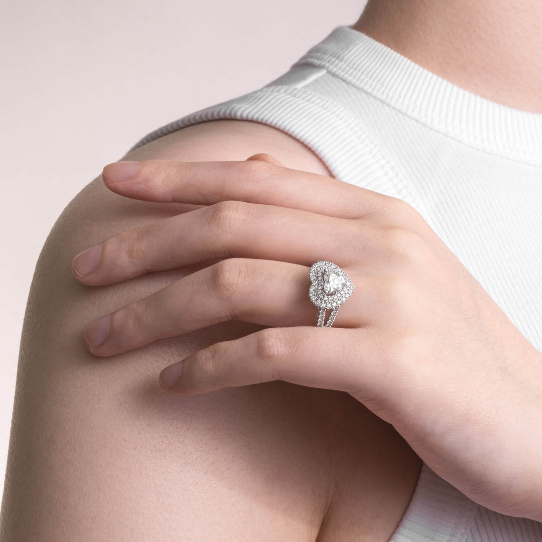 1.0CT Heart Cut Double Halo Moissanite Diamond Engagement Ring