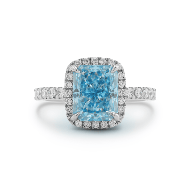 Two Tone Blue Diamond RingRadiant Cut Halo SettingExotic Blue Stone RingBlue Diamond Anniversary RingLarge Blue Diamond SolitaireBespoke Blue Diamond Ring