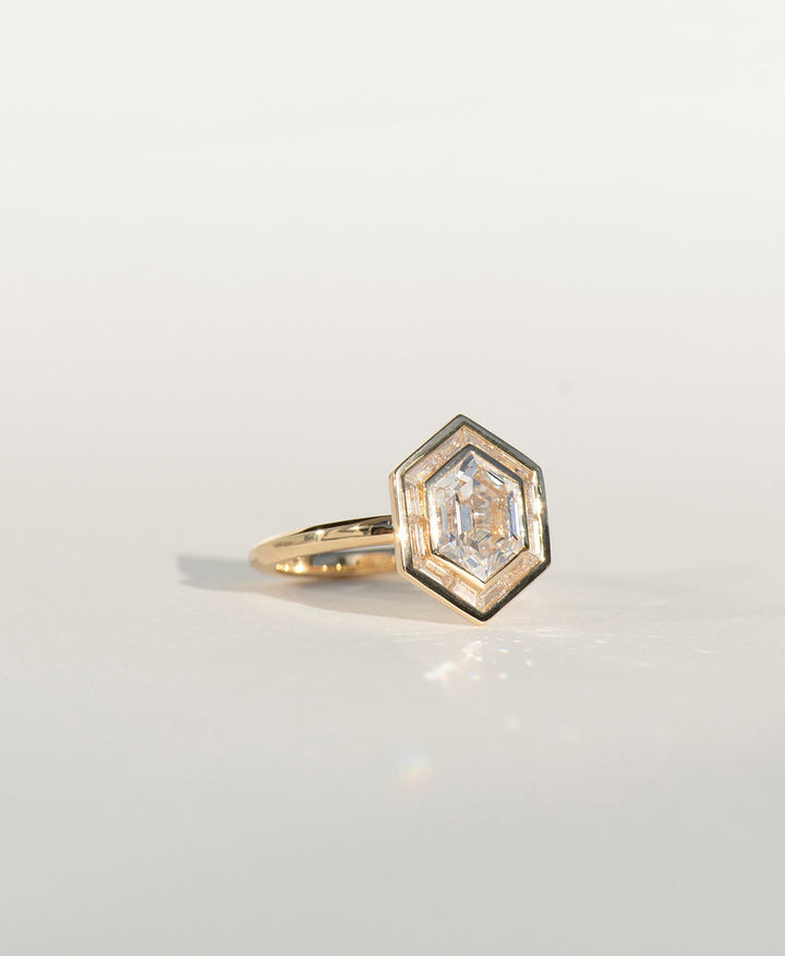 Hexagon Solitaire HaloRadiant Hexagon CutGold Hexagon RingPlatinum Halo DiamondStatement Engagement Ring