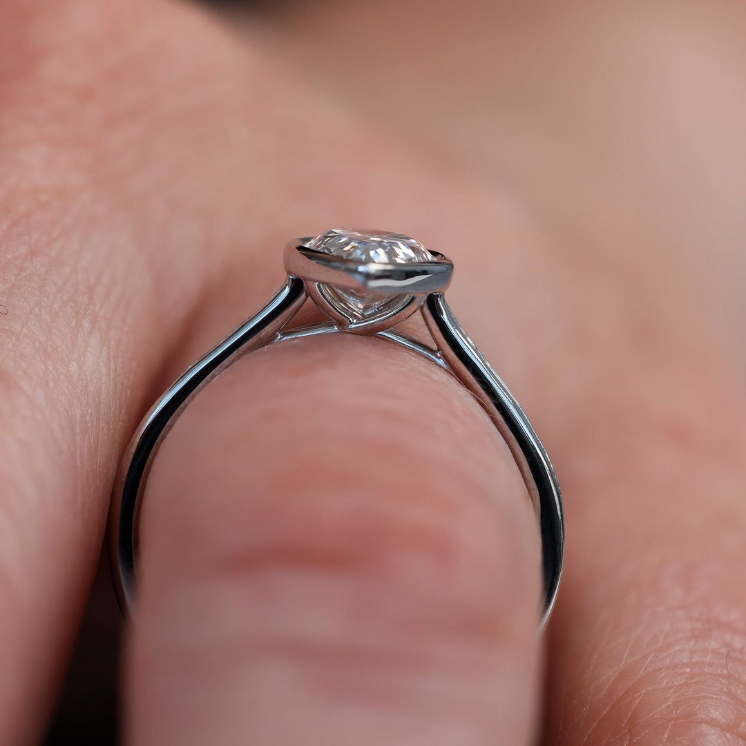 Unique Engagement Ring, Bezel Solitaire, Pear Cut Diamond Simulant, Bridal Ring, Lab Grown Moissanite