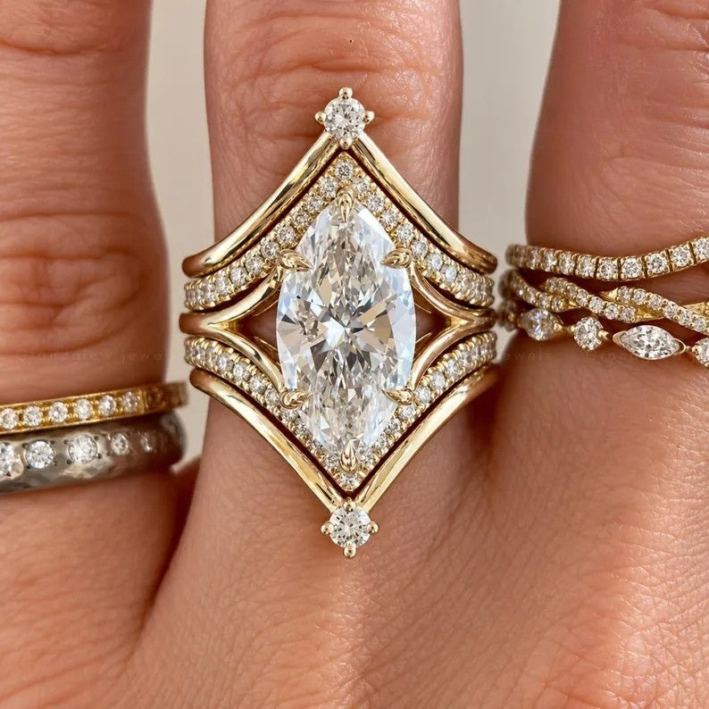 3.0CT Oval Cut Lab Grown Diamond Vintage-Inspired Bridal Ring Set with Matching Wedding Bands