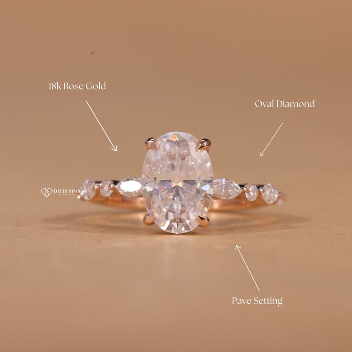  Diamond Alternative, Lab Grown Moissanite, 14K Gold Ring, 18K White Gold, D Color Moissanite, VVS1 Moissanite, Hidden Halo Ring, Oval Cut Diamond, Sparkly Pave Band, Bridal Jewelry, Wedding Ring,