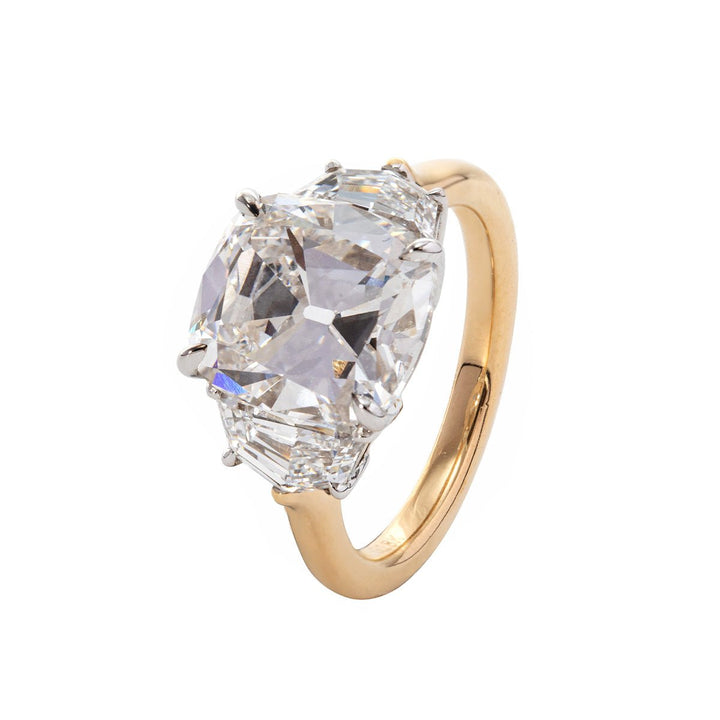 5 Carat Elongated Diamond TrilogyThree Stone Old Mine Cut SettingCustom Elongated Cushion Diamond Ring