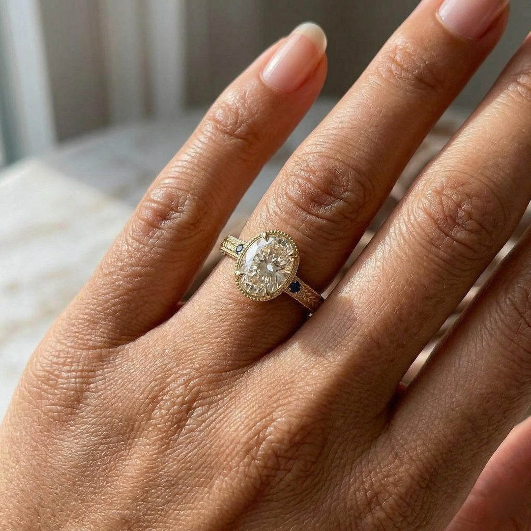 Oval Moissanite Ring
Vintage Milgrain Ring
3 Carat Moissanite
2.5 Carat Oval Cut
Antique Style Engagement
