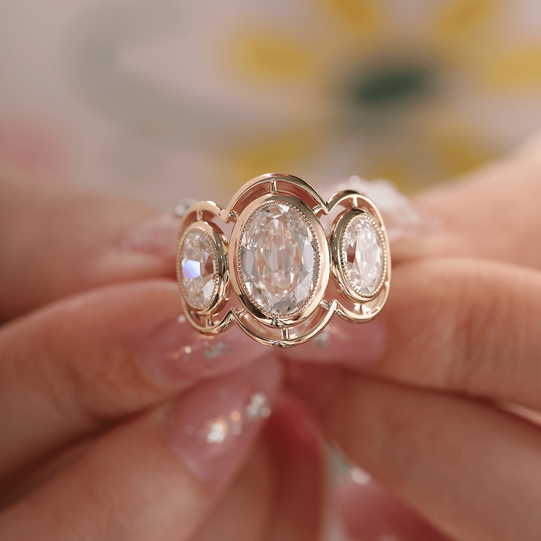 3 Carat Three Stone Ring
Unique Three Stone Setting
Vintage Oval Diamond Ring
Old World Oval Cut
Trinity Diamond Ring

