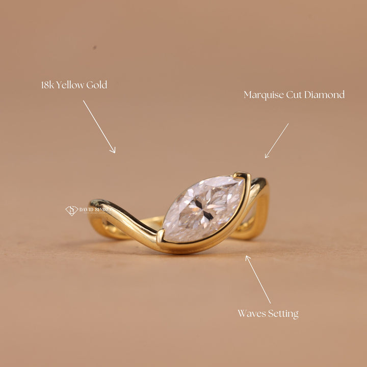 Moissanite Wave Solitaire
14K Gold Marquise Ring
18K Gold Wave Ring
Platinum East West Ring
D Color Marquise Cut
VVS1 Marquise Moissanite