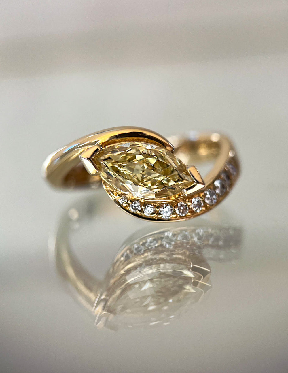 1.0CT-2.0CT Yellow Marquise Cut Moissanite Pave Diamond Engagement Ring suits stacking with a bridal ring set