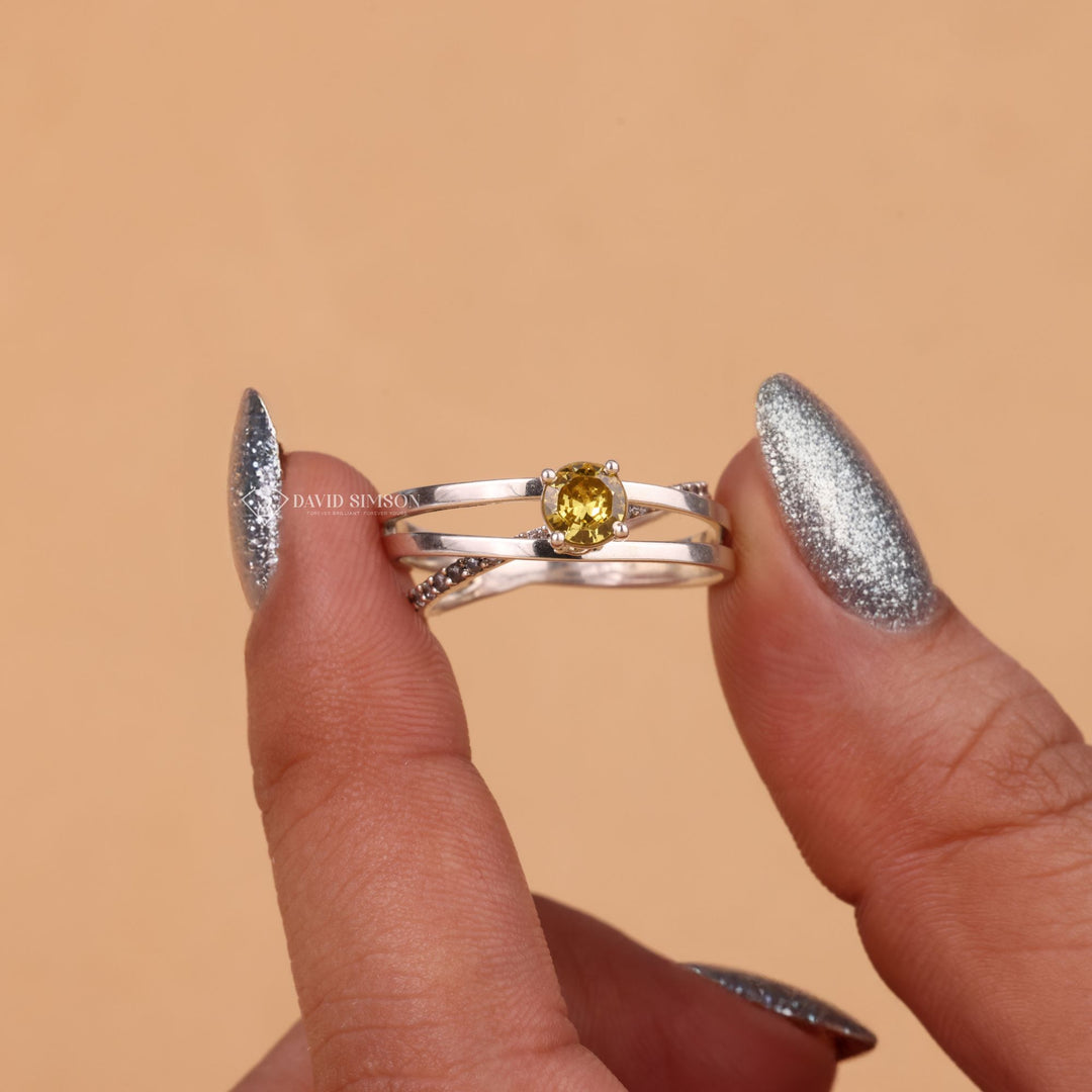 Yellow Diamond Ring, Round Cut Yellow Diamond, Split Shank Ring, Yellow Gold Engagement Ring,