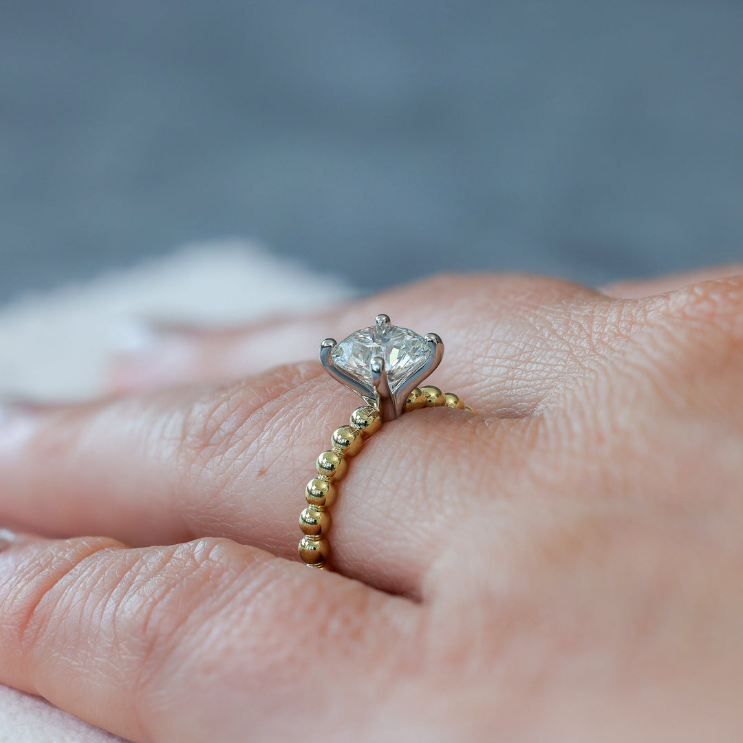Yellow Gold White Gold, Milgrain Detail, Beaded Band, Classic Solitaire, Unique Engagement Ring,
