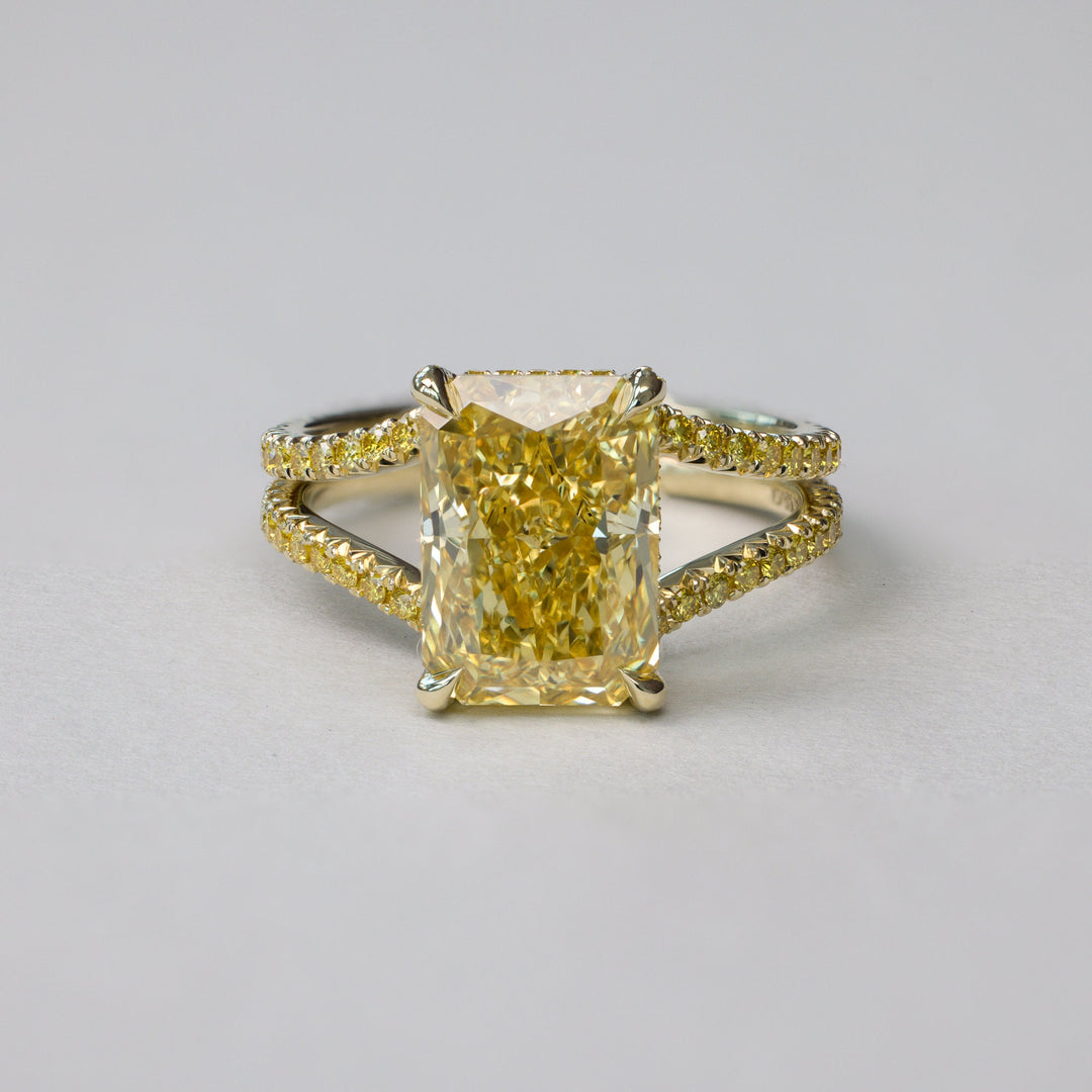 Yellow Moissanite, Radiant Cut, Split Shank, Engagement Ring, Yellow Diamond Simulant, Radiant Moissanite