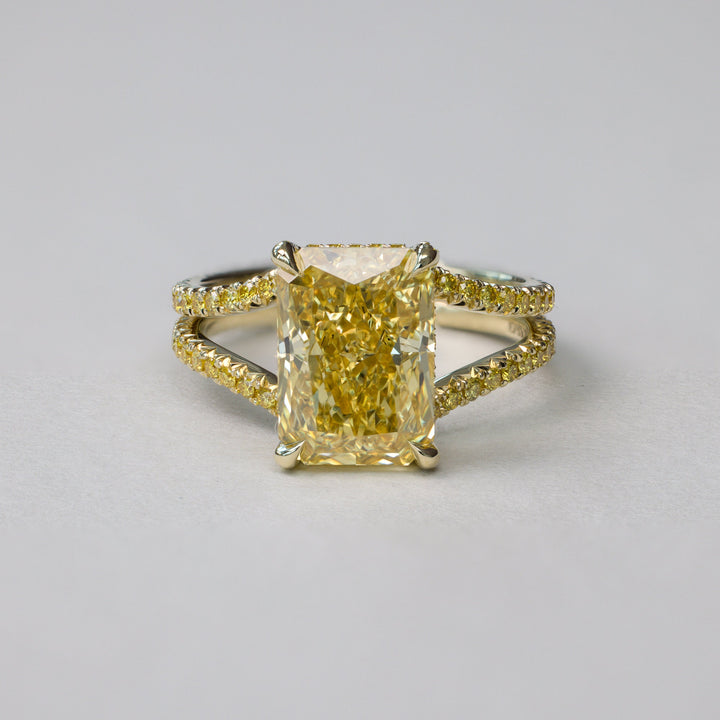 Yellow Moissanite, Radiant Cut, Split Shank, Engagement Ring, Yellow Diamond Simulant, Radiant Moissanite
