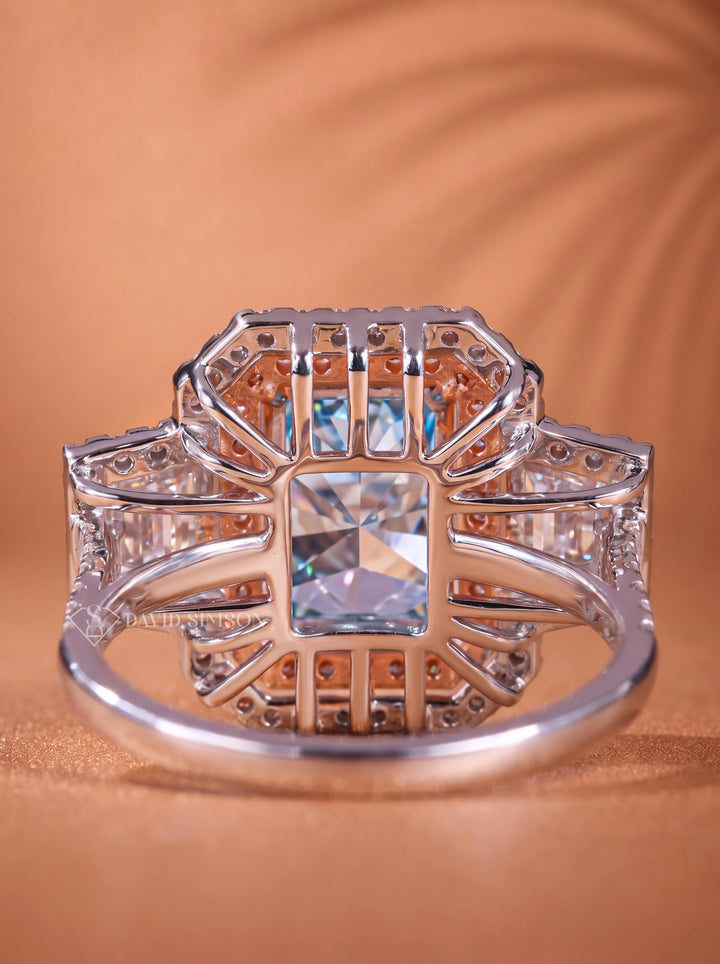 2.0CT Cyan Blue Radiant Cut Lab Grown Diamond Three Stone Engagement Ring
