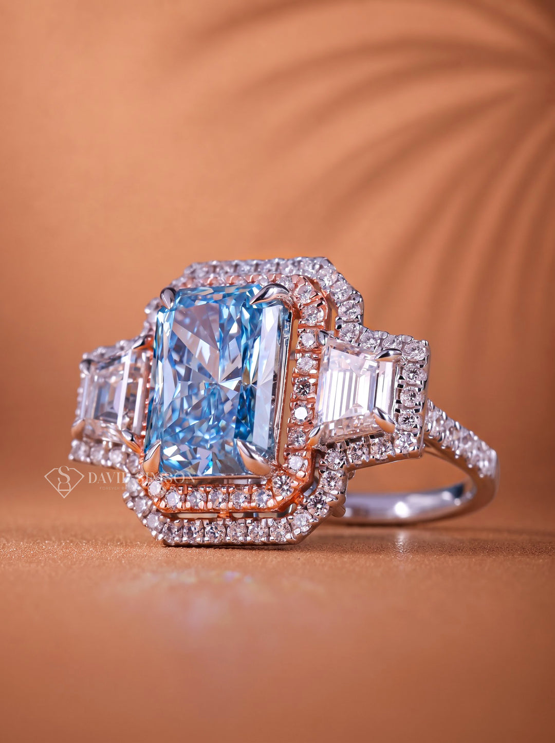 2.0CT Cyan Blue Radiant Cut Lab Grown Diamond Three Stone Engagement Ring