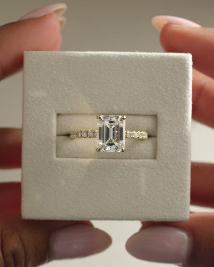 2.50 CT Emerald Cut Moissanite Hidden Halo &amp; Pave Engagement Ring