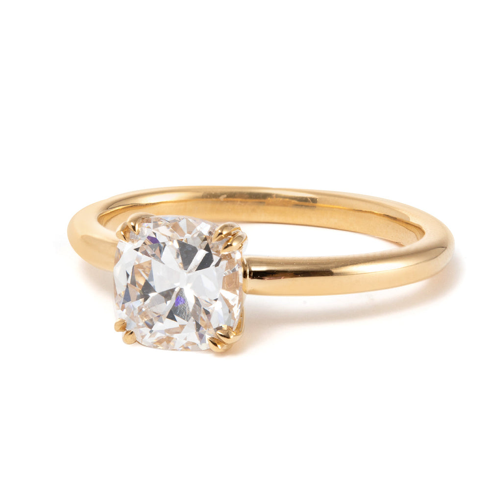 old miner cut, victorian style ring, bespoke diamond jewelry, ethical antique diamond, handcrafted engagement ring, GIA certified old mine, IGI certified lab diamond, unique solitaire ring, cushion cut engagement ring, 18k gold solitaire, platinum double claw, champagne old mine cut