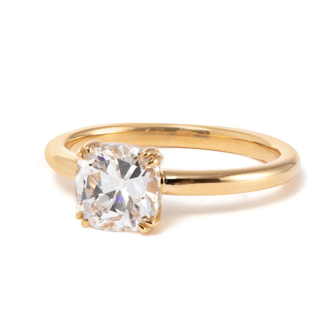 old miner cut, victorian style ring, bespoke diamond jewelry, ethical antique diamond, handcrafted engagement ring, GIA certified old mine, IGI certified lab diamond, unique solitaire ring, cushion cut engagement ring, 18k gold solitaire, platinum double claw, champagne old mine cut