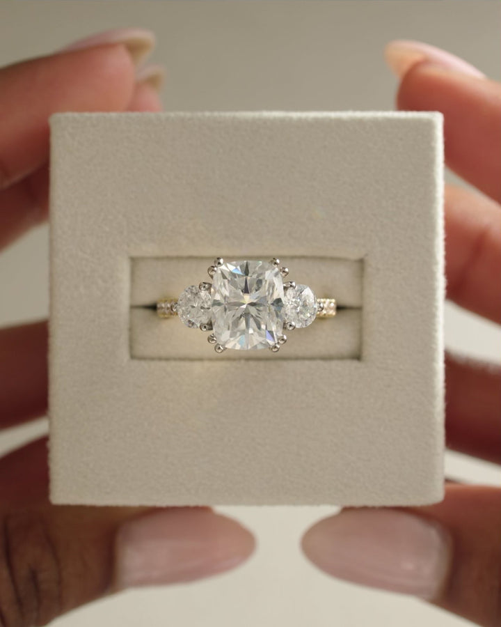 2.65 CT Cushion Cut Moissanite Three Stone &amp; Pave Engagement Ring
