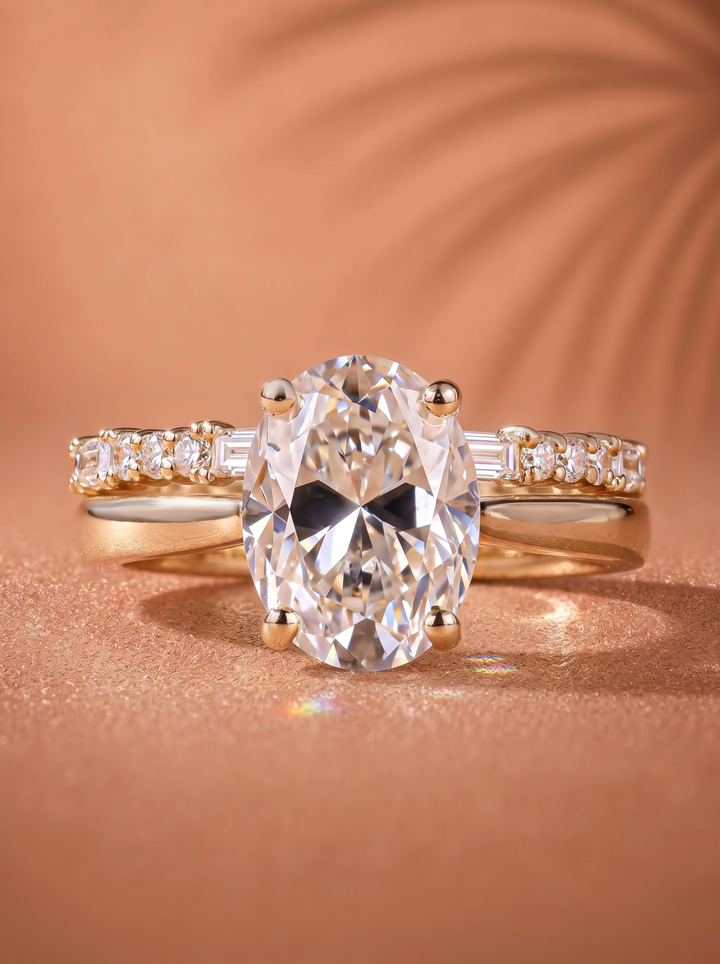 2.0ct Oval Cut Moissanite Solitaire Engagement Ring With Eternity Wedding Band