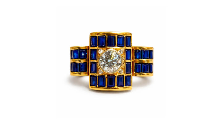 Halle Berry Inspired Art Deco Round Diamond &amp; Blue Sapphire Engagement Ring