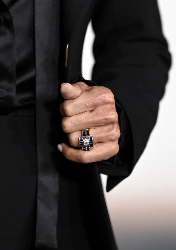 Halle Berry Inspired Art Deco Round Diamond &amp; Blue Sapphire Engagement Ring