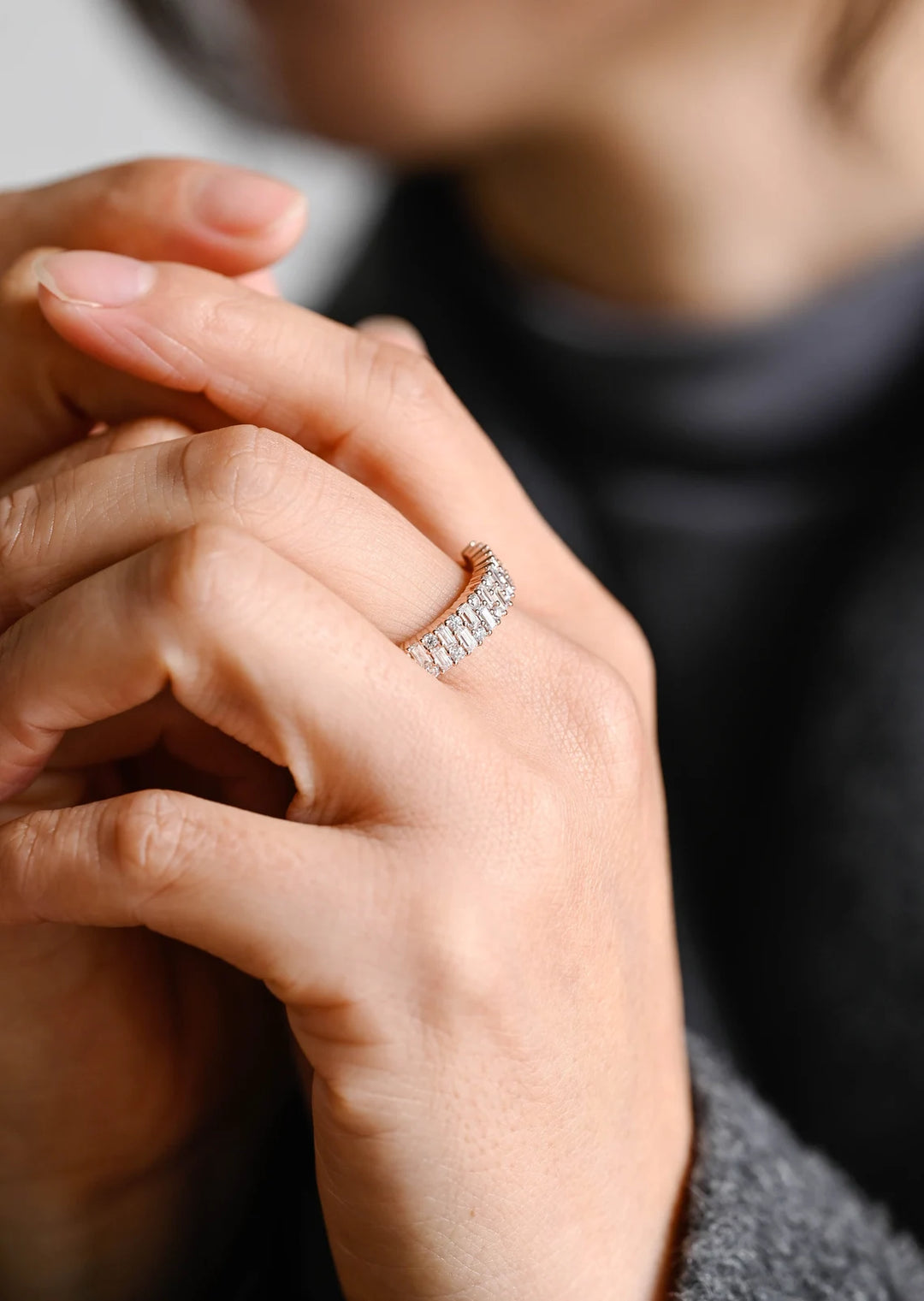 Round & Baguette Cut Moissanite Diamond Half Eternity Wedding Band