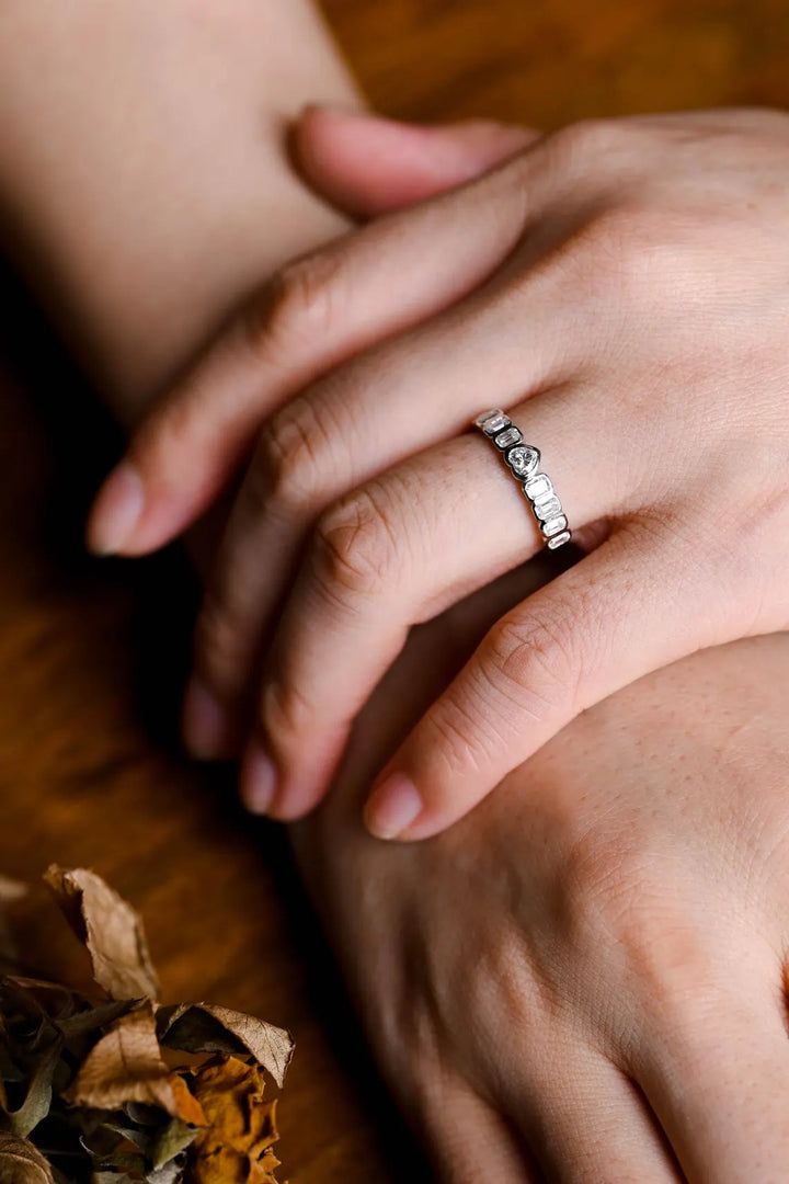 Heart & Emerald Cut Moissanite Diamond Bezel Set Wedding Band