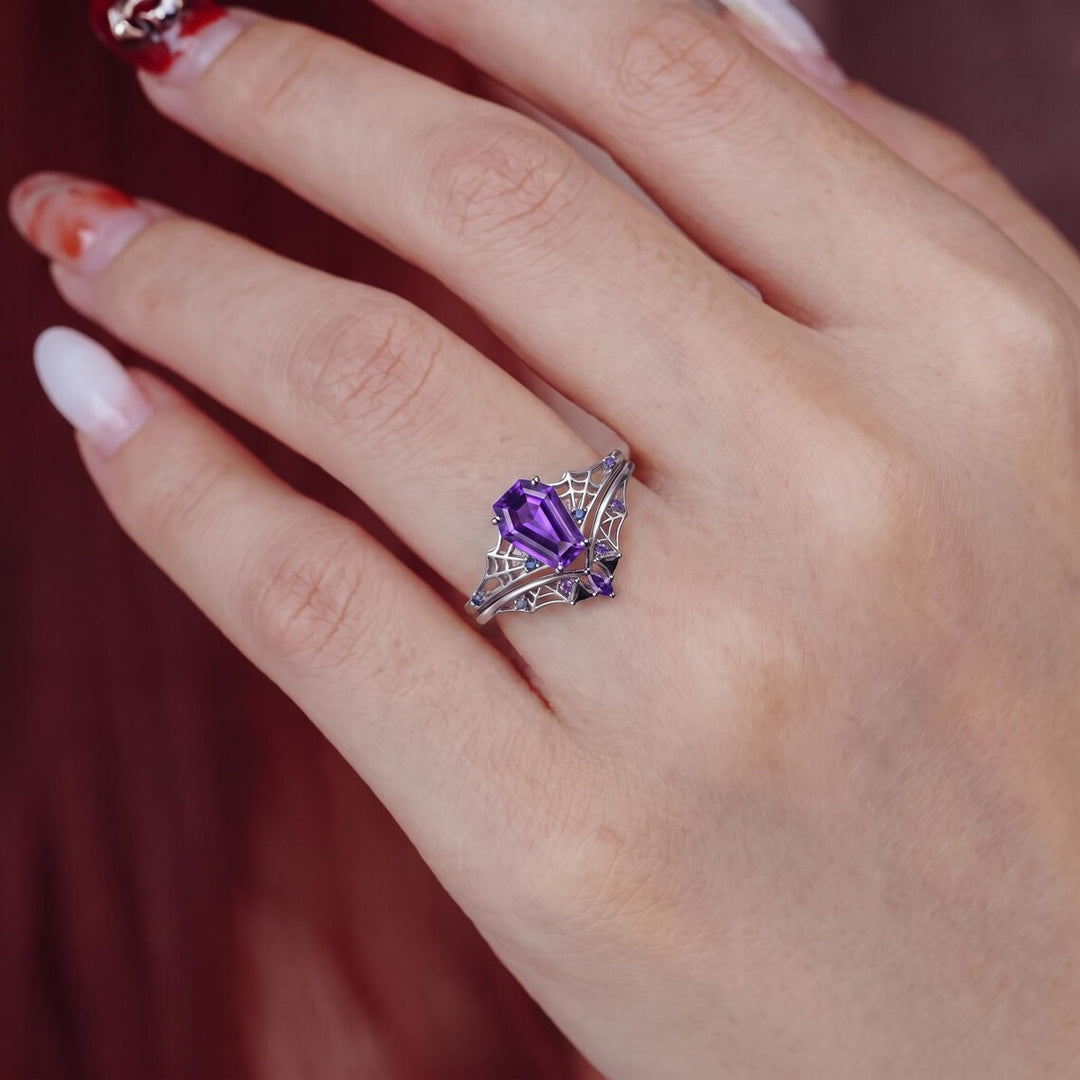 Purple Coffin Cut Spiderweb Halloween Ring for Women