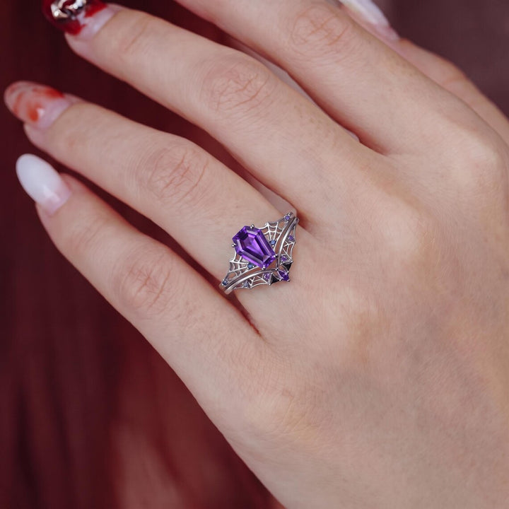 Purple Coffin Cut Spiderweb Halloween Ring for Women