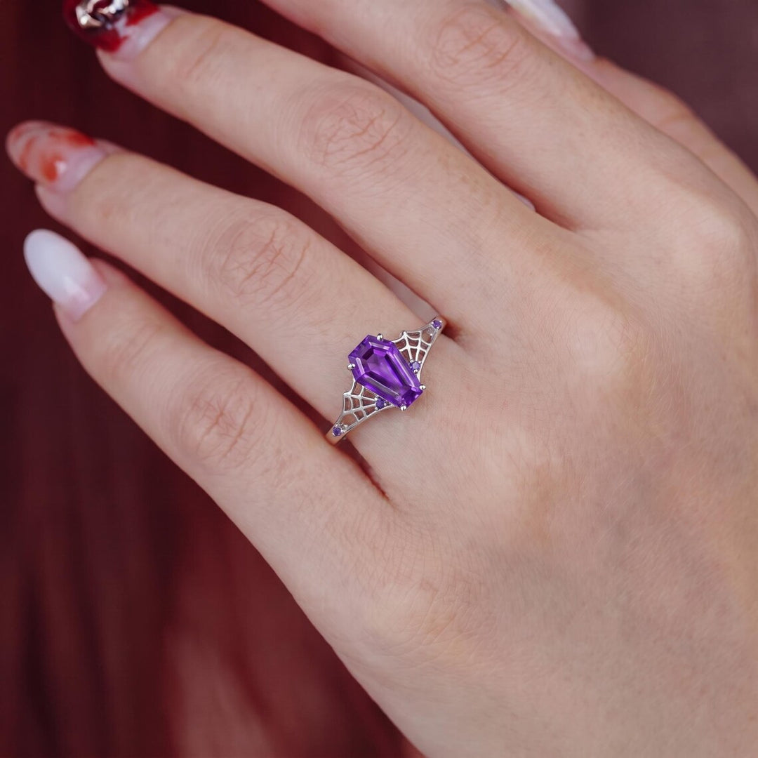 Purple Coffin Cut Spiderweb Halloween Ring for Women