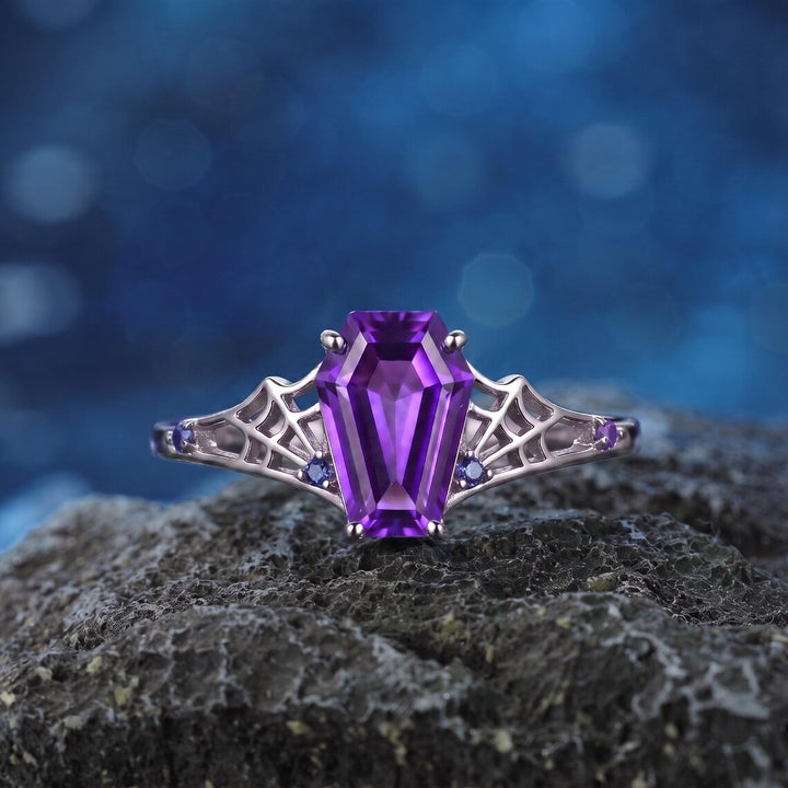 Purple Coffin Cut Spiderweb Halloween Ring for Women