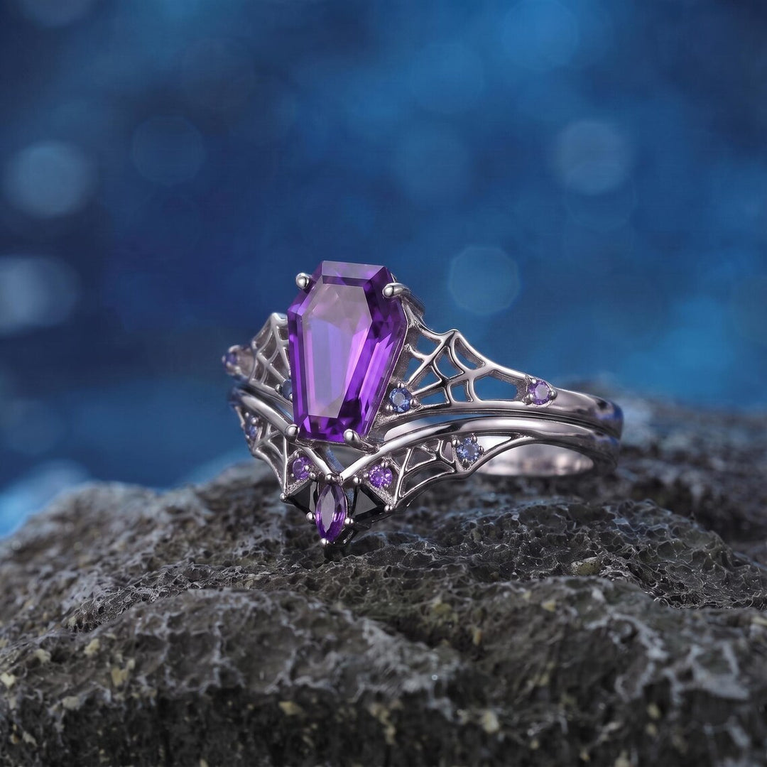 Purple Coffin Cut Spiderweb Halloween Ring for Women