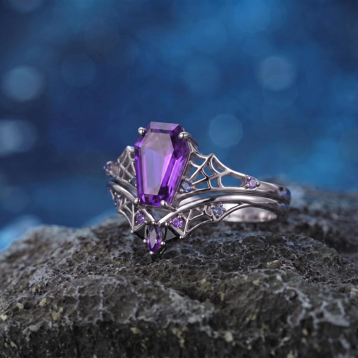 Purple Coffin Cut Spiderweb Halloween Ring for Women