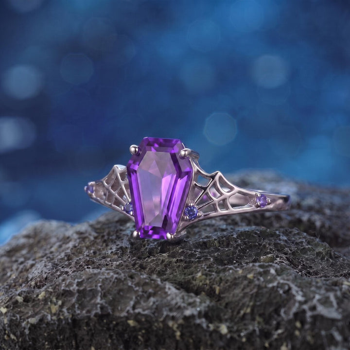 Purple Coffin Cut Spiderweb Halloween Ring for Women