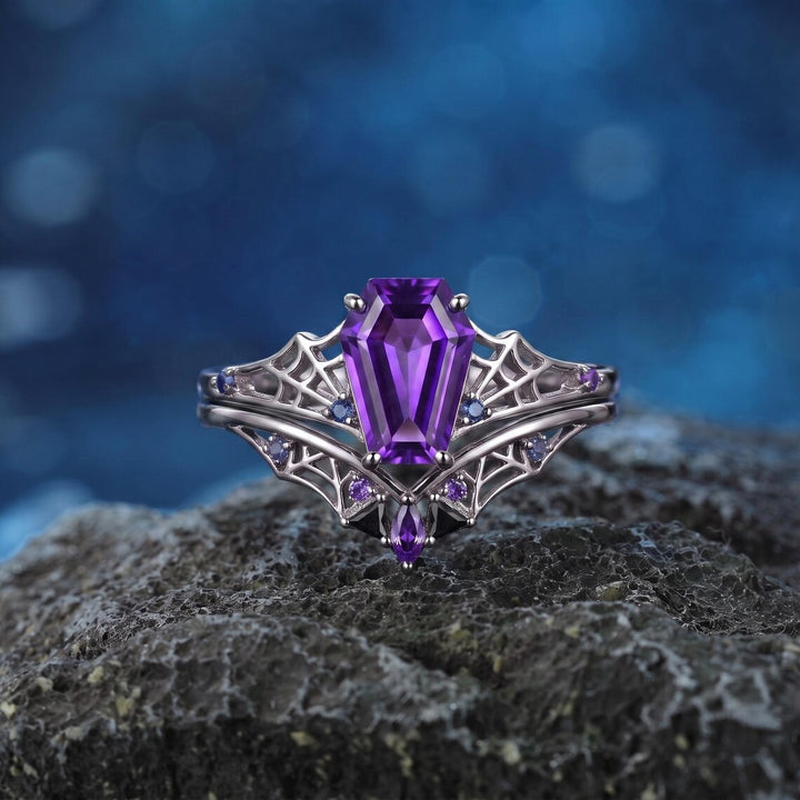 Purple Coffin Cut Spiderweb Halloween Ring for Women