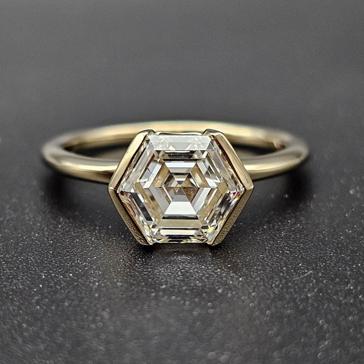 1.0ct-2.0ct Hexagon Cut Diamond Moissanite Half Bezel Engagement Ring