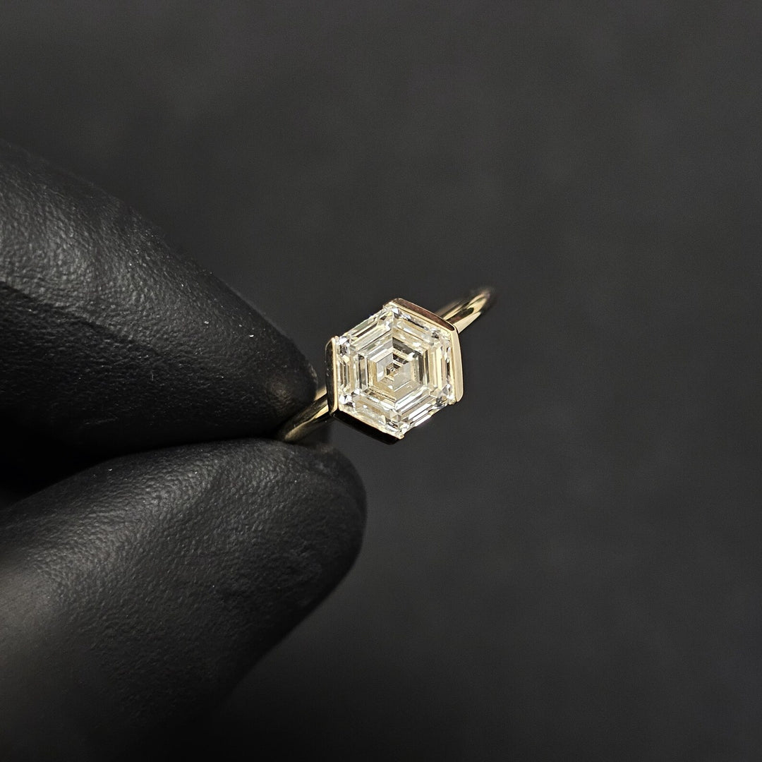 1.0ct-2.0ct Hexagon Cut Diamond Moissanite Half Bezel Engagement Ring