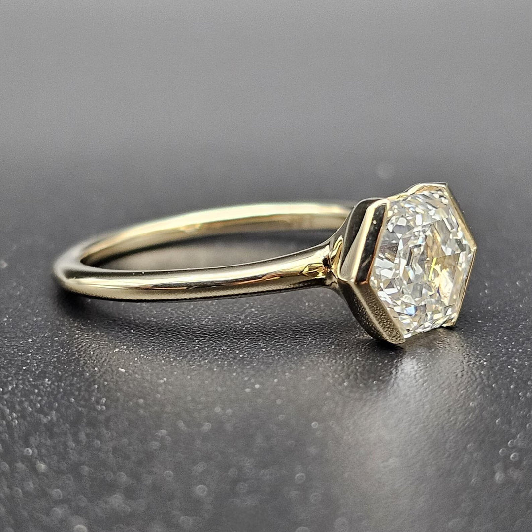 1.0ct-2.0ct Hexagon Cut Diamond Moissanite Half Bezel Engagement Ring