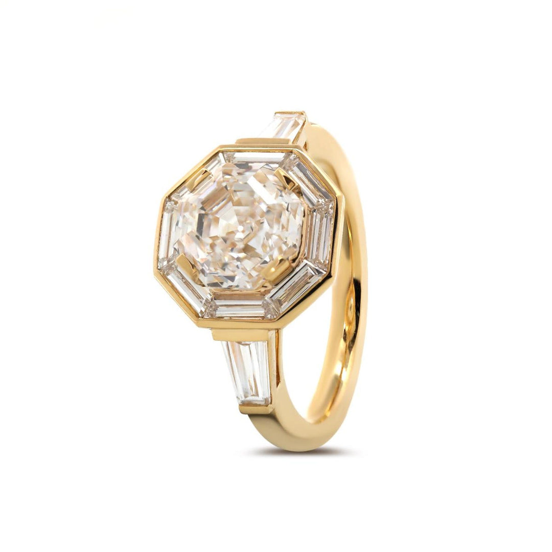 1.50ct-2.50ct Hexagon Cut Diamond Halo Three Stone Engagement Ring