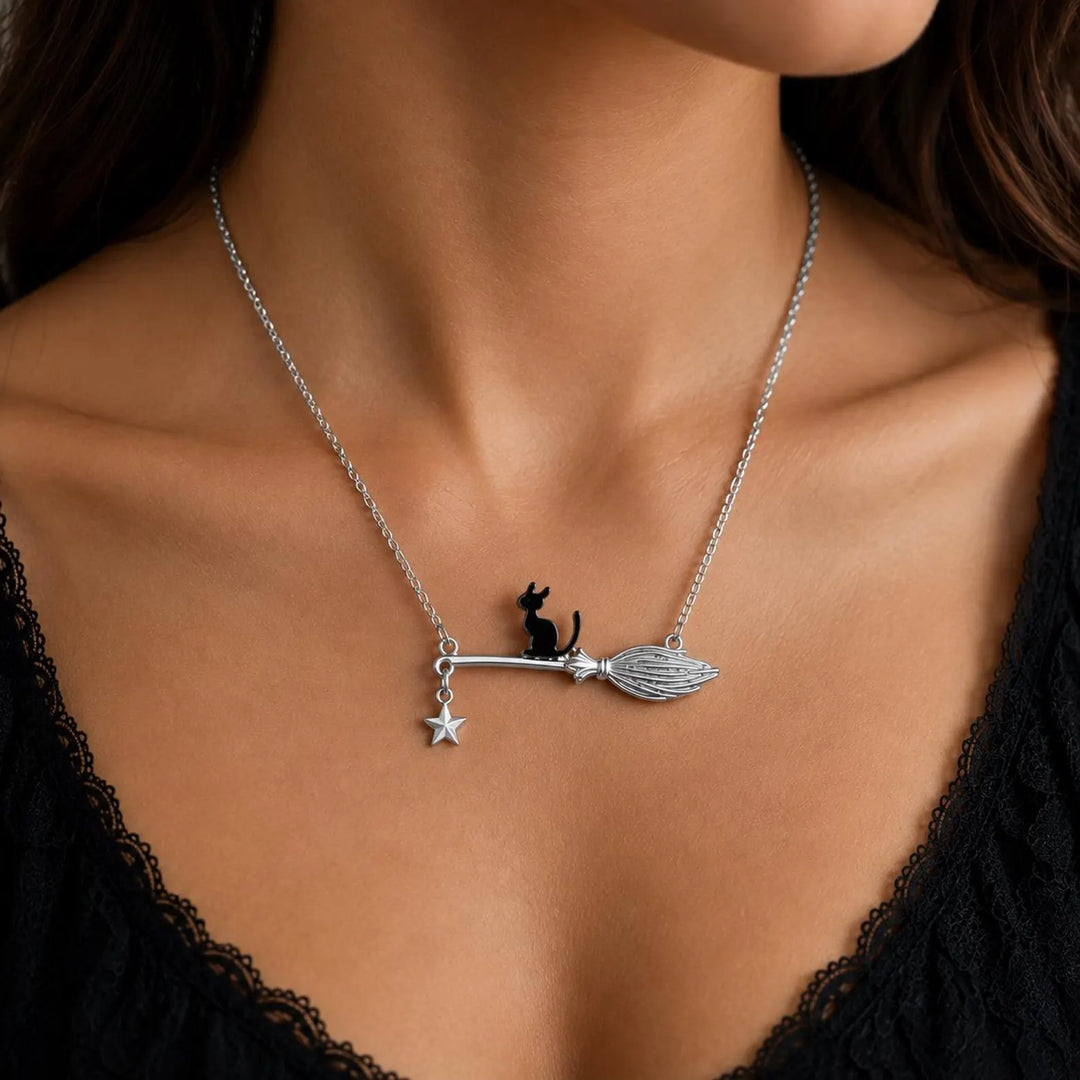 Black Cat Witch Broom Halloween Gift Necklace For Her
