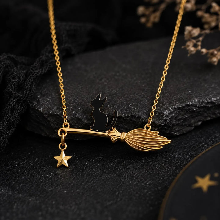 Black Cat Witch Broom Halloween Gift Necklace For Her