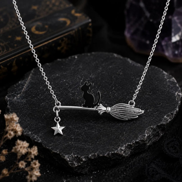 Black Cat Witch Broom Halloween Gift Necklace For Her
