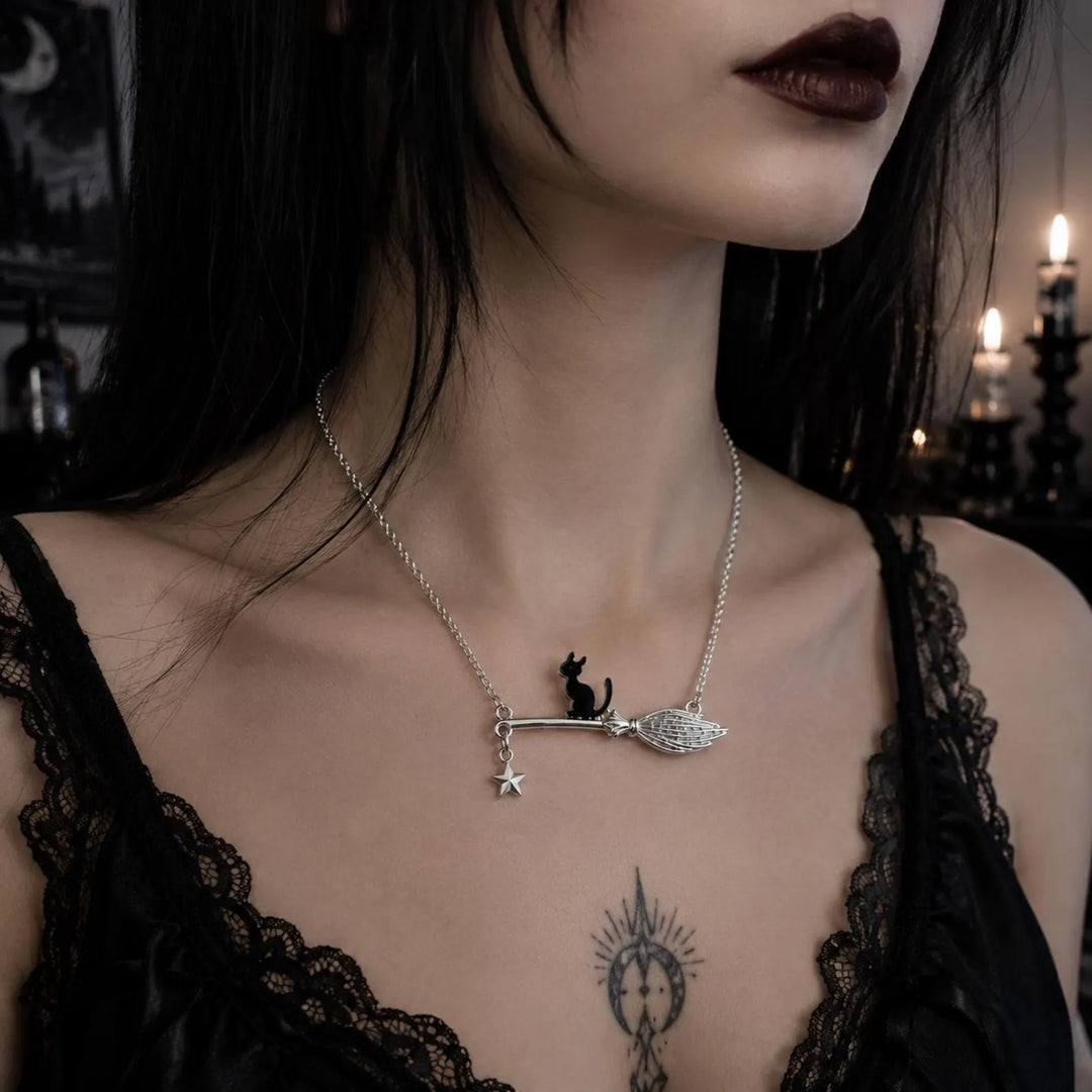 Black Cat Witch Broom Halloween Gift Necklace For Her