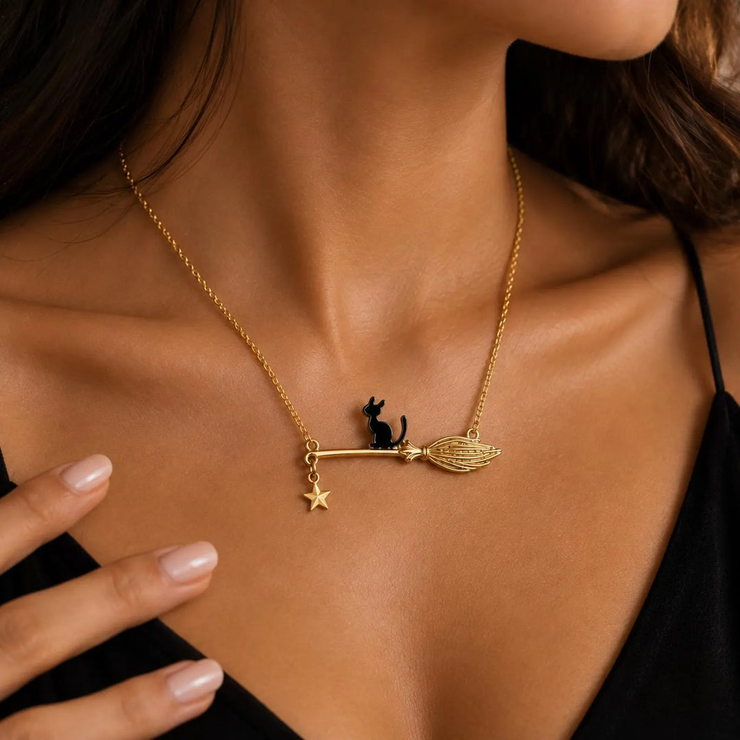 Black Cat Witch Broom Halloween Gift Necklace For Her