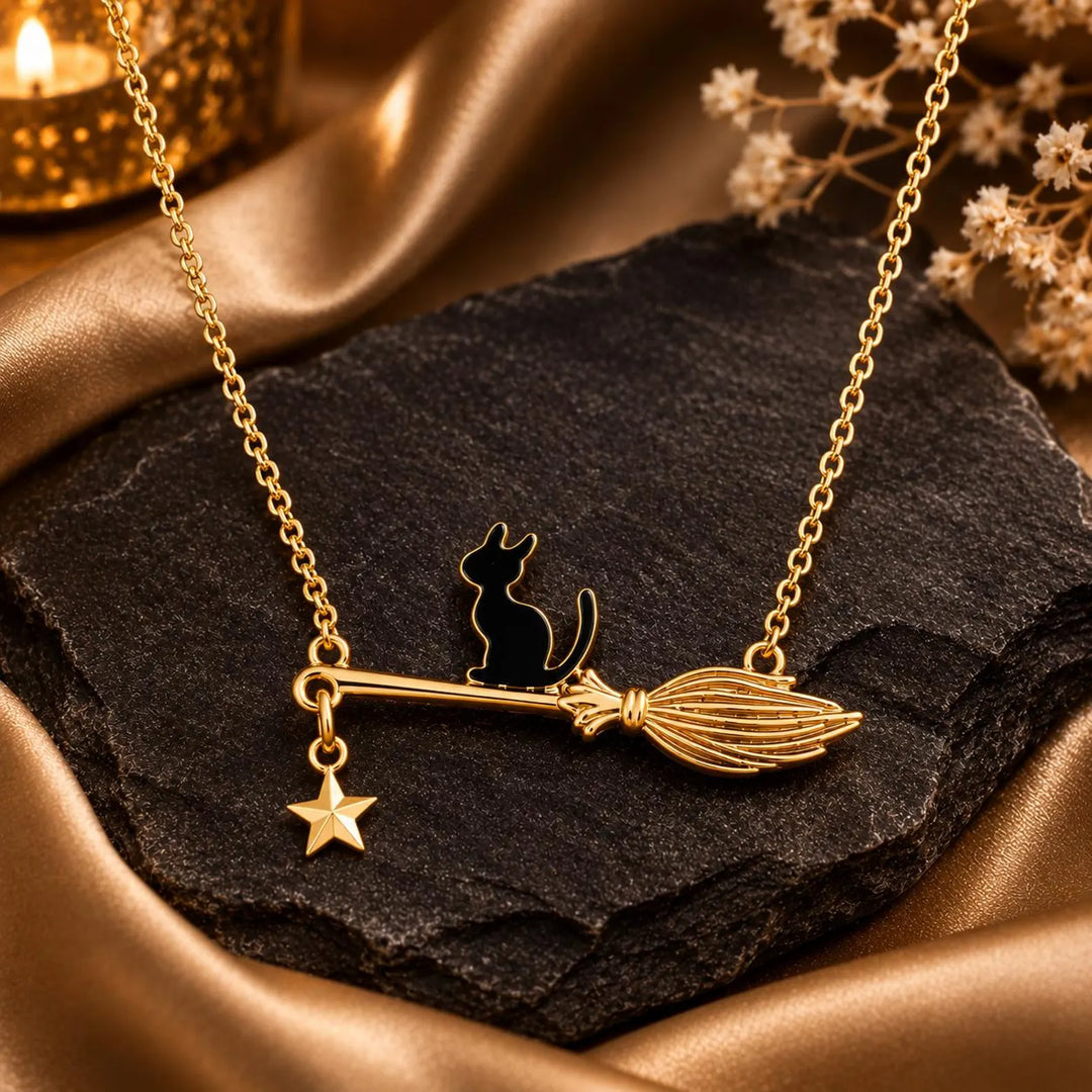 Black Cat Witch Broom Halloween Gift Necklace For Her