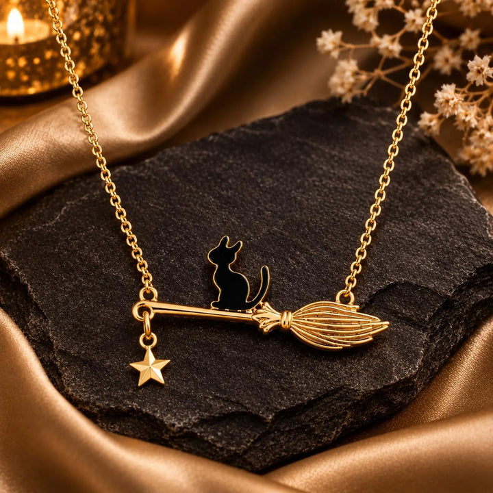 Black Cat Witch Broom Halloween Gift Necklace For Her