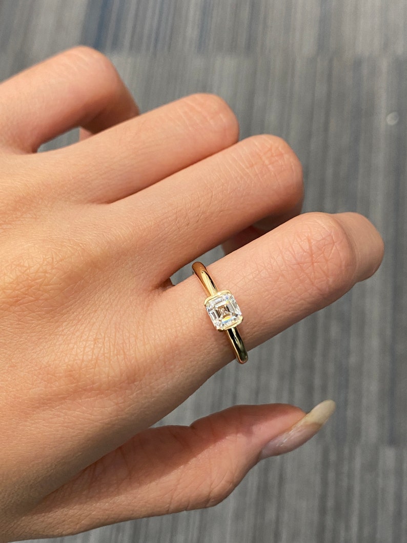 Half Bezel Set Asscher Cut Moissanite Diamond