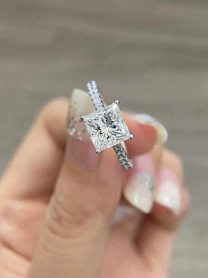 2.0CT-3.0CT Princess Cut Moissanite Diamond Bridge Pave Engagement Ring