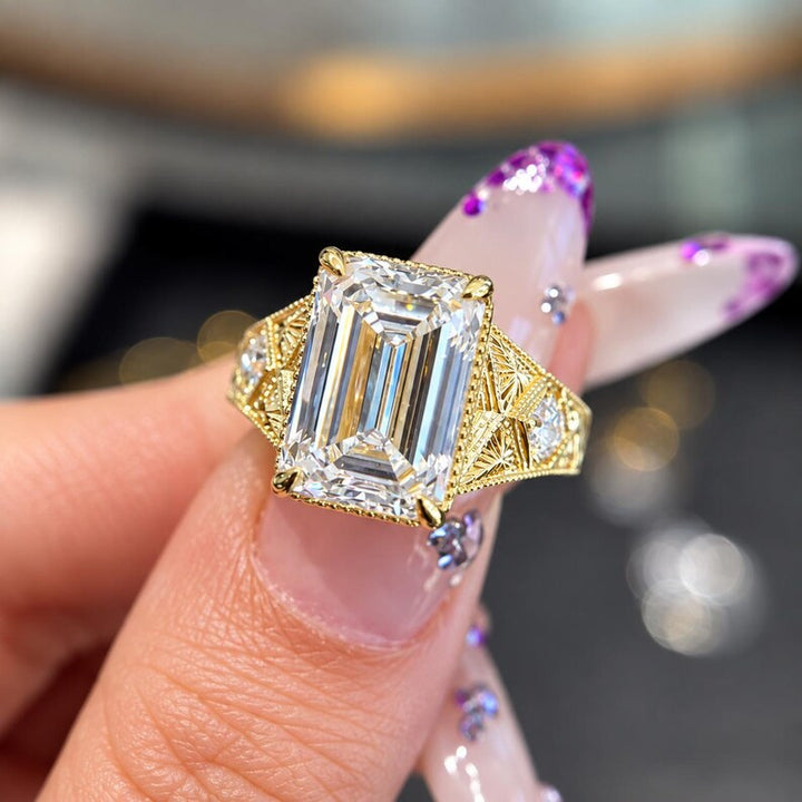 2.0CT to 3.0CT Emerald Cut Lab Grown Diamond Vintage Art Deco Engraved Engagement Ring