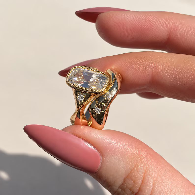 3.0CT Elongated Cushion Old Mine Cut Lab Grown Diamond Vintage Bezel Flush Curved Bridal Ring Set